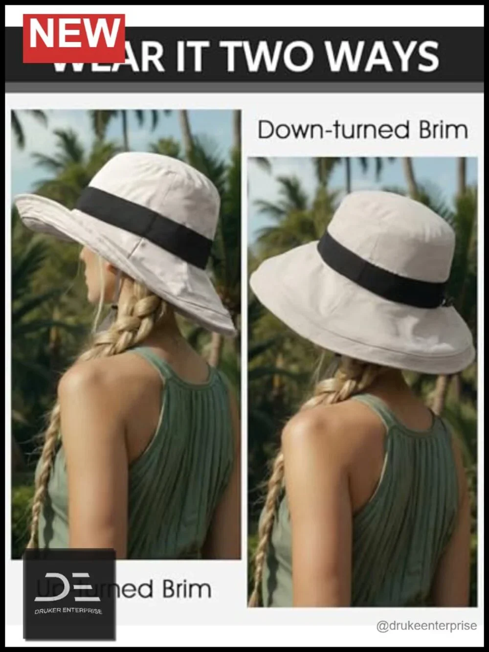Waterproof Wide Brim Sun Hat with Ponytail Hole, UPF 50+